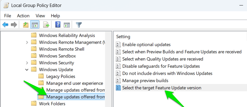 Sélection de la mise à jour cible dans GPE