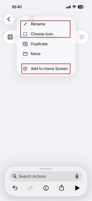 Affichage du menu contextuel dans l'application Raccourcis sur iPhone.