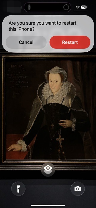 Vue d'une fenêtre contextuelle vous demandant si vous souhaitez redémarrer l'iPhone.