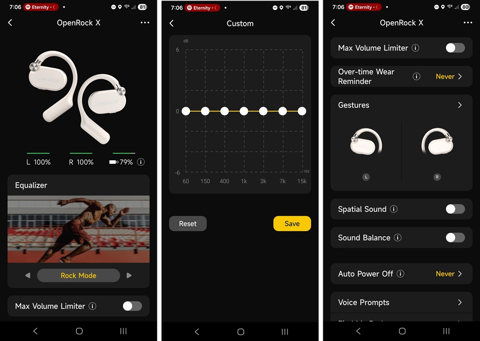 Paramètres de l'application OpenRock et profils sonores.