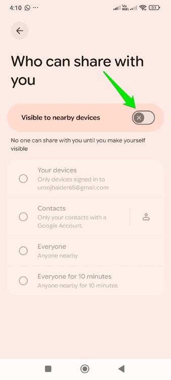 Désactivation de la visibilité dans Quick Share