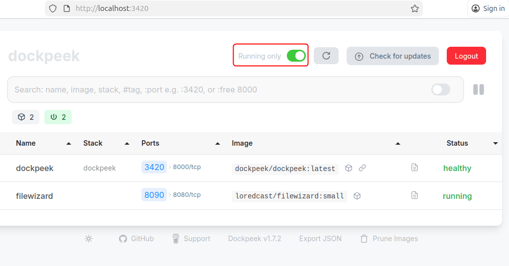 Filtrer les conteneurs en fonction de leur statut