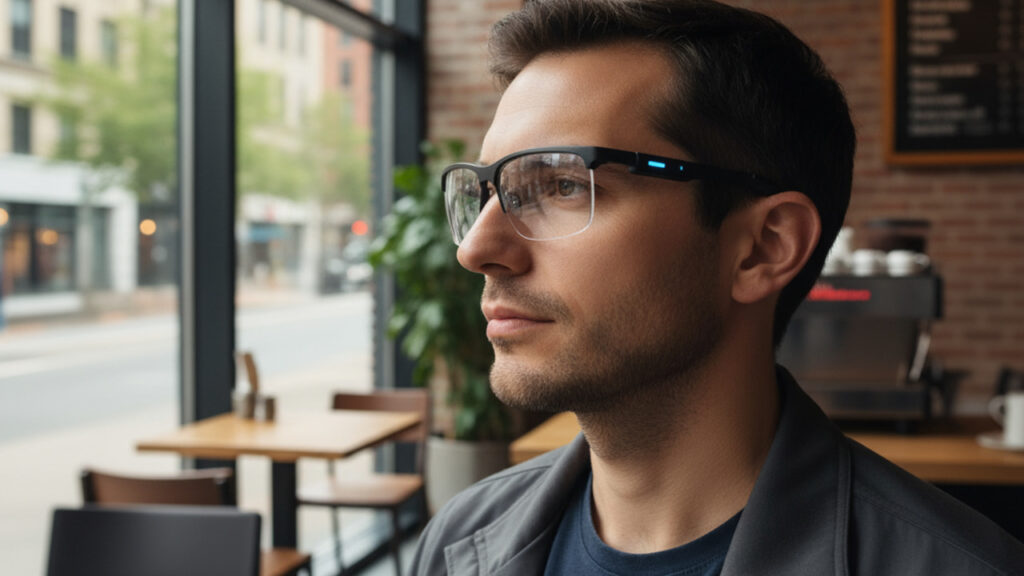 A man indoor wearing smart glasses and looking to the side