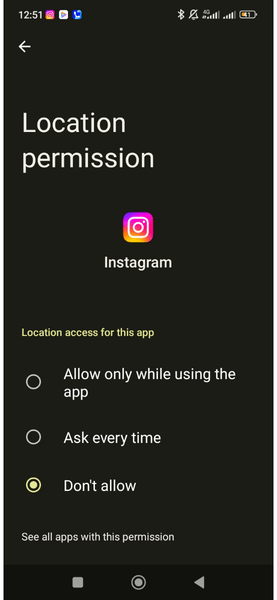 Autorisations de l'application Android Instagram Autorisation de localisation