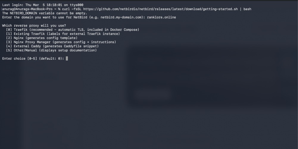 Script Netbird exécuté dans le terminal