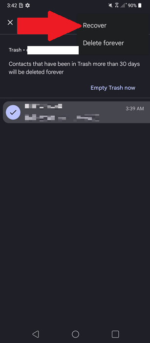 Récupération du numéro de téléphone supprimé sur Android à partir de la corbeille de Google Contacts.