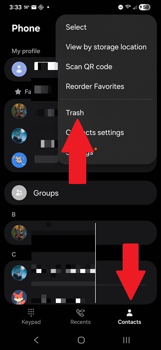 Accès au dossier Corbeille dans l'application Samsung Phone.