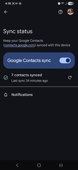 Activer la synchronisation des contacts Google.