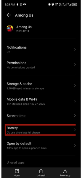 Batterie de la liste des applications Android