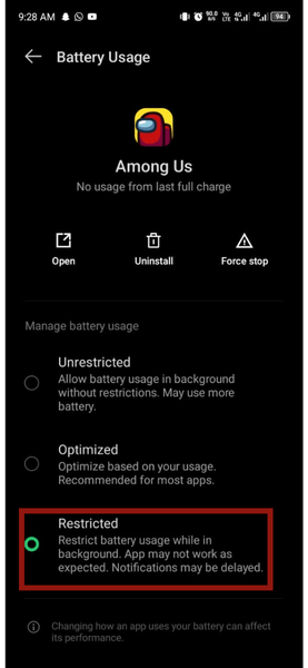 Liste des applications Android Batterie restreinte
