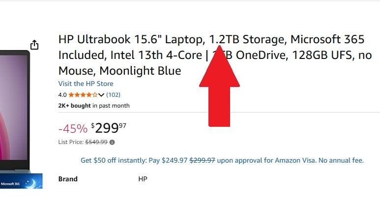 Total de stockage étrange sur un ordinateur portable HP sur Amazon.