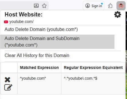 Utilisation de l'extension History AutoDelete Firefox pour supprimer l'historique de YouTube.
