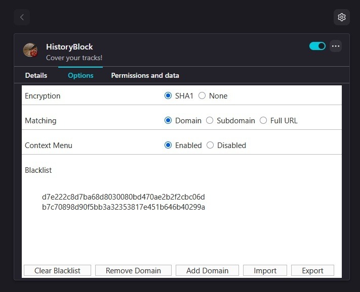 Ajout de sites à bloquer dans HistoryBlock dans Firefox.