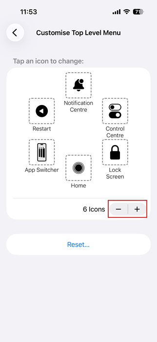 Personnalisation du menu de niveau supérieur des raccourcis tactiles dans les paramètres d'accessibilité sur iPhone. 