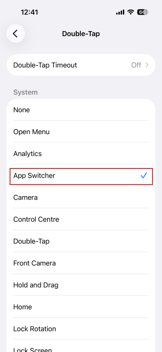 Définition de l'action Double-Tap sur App Switcher dans les paramètres d'accessibilité de l'iPhone. 
