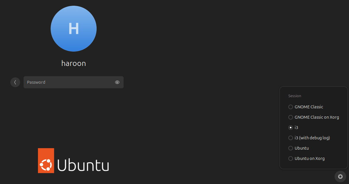 Page de connexion Ubuntu affichant une session différente