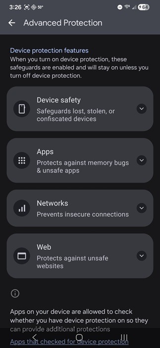 Affichage des fonctionnalités de protection des appareils incluses dans la Protection Avancée.
