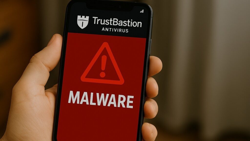 Android phone with TrustBastion antivirus and malware warning.