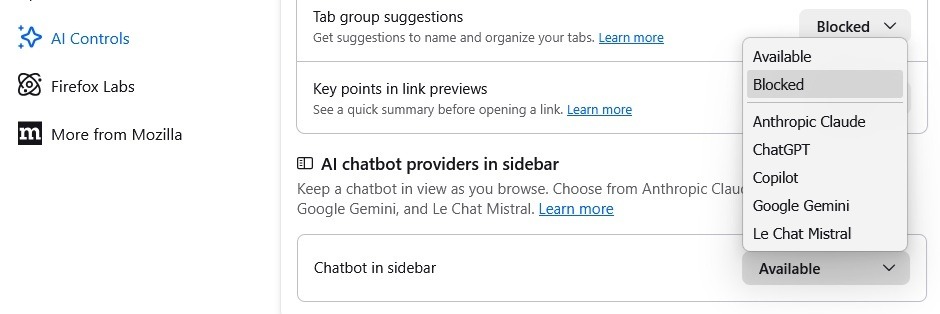Bloquer les chatbots IA dans Firefox.