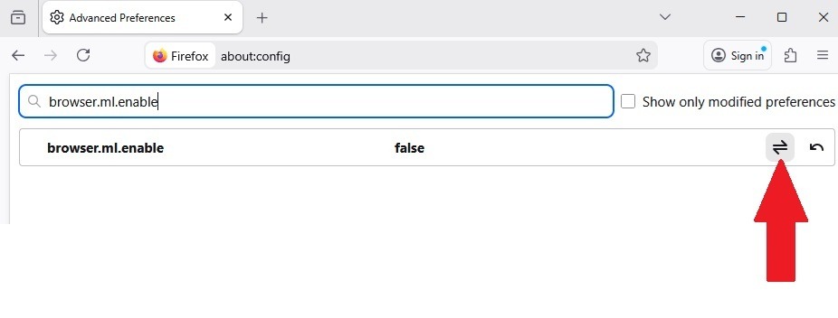 Désactivation des paramètres de configuration de l'IA dans Firefox.