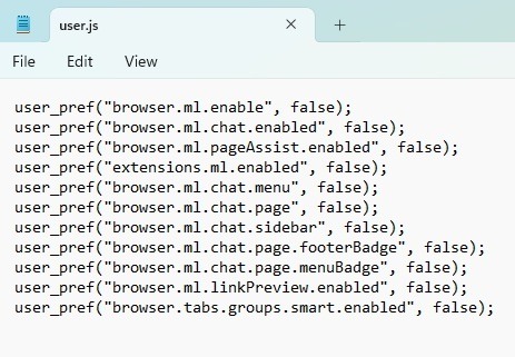Exemple de fichier user.js pour désactiver FIrefox AI.