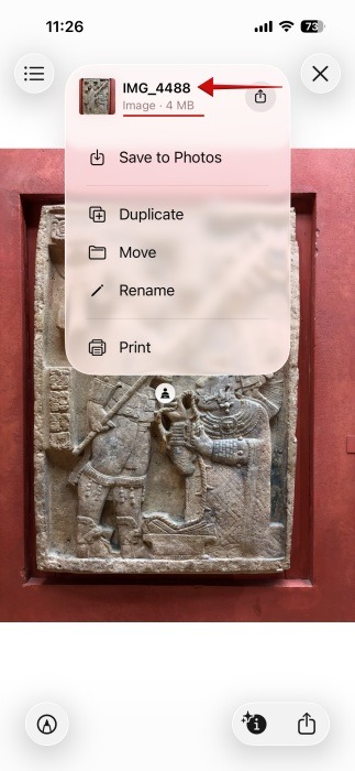 Vérification du format de la photo dans l'application Fichiers sur iPhone.