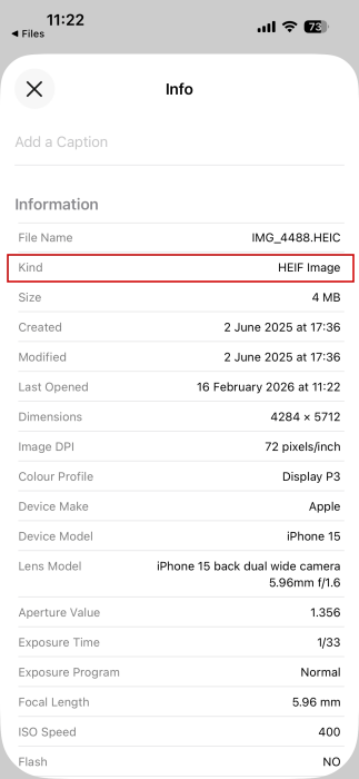 Vérification de l'affichage du format d'aperçu Heic Iphone