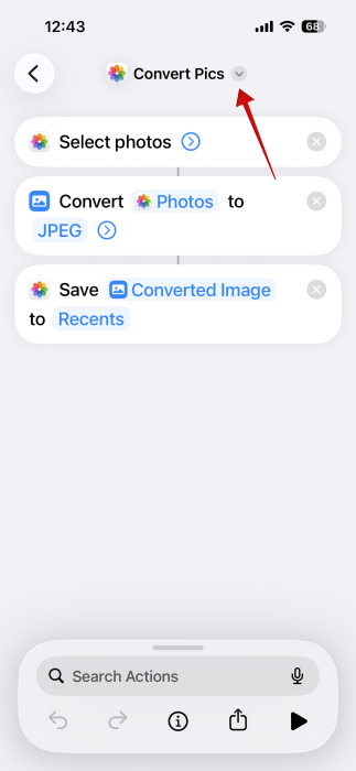 Renommer le nouveau raccourci dans l'application Raccourcis sur iPhone.