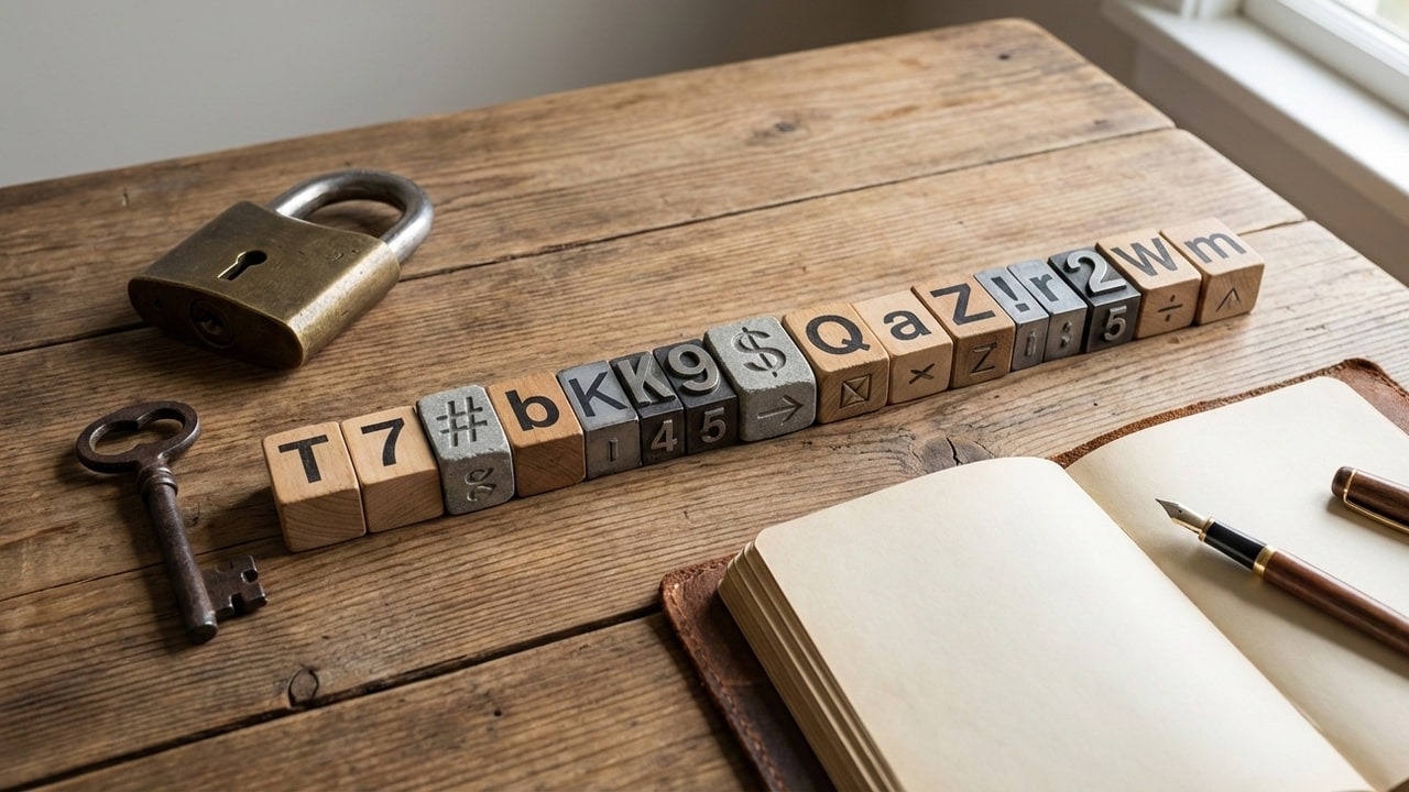 Wood blocks on a table with a strong password on them