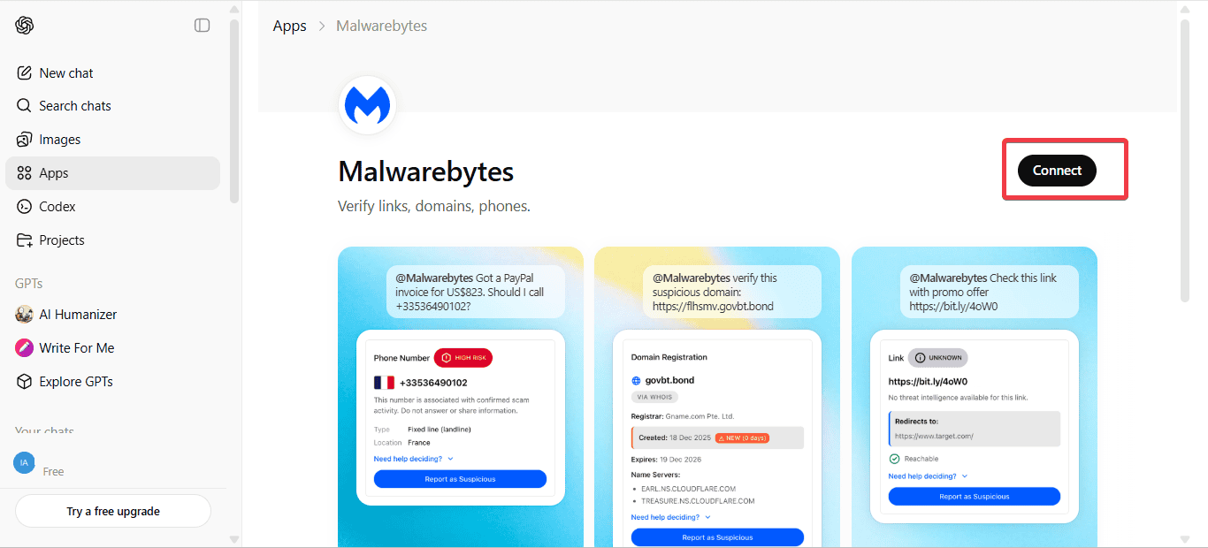 Connectez Malwarebytes à Chatgpt