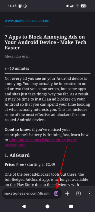 Affichage de l'icône du lecteur dans Firefox pour Android. 
