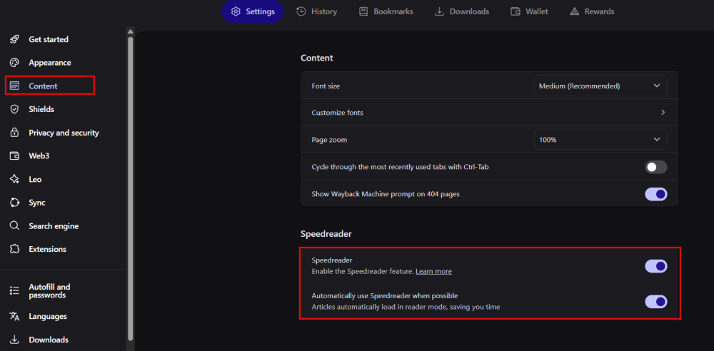 Activation de Speedreader dans le navigateur Brave sur PC. 