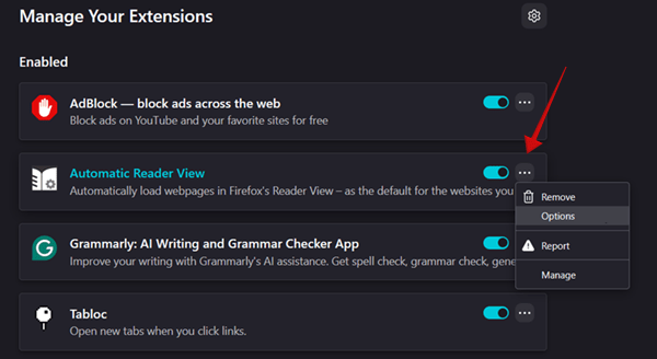 Appuyez sur trois points pour une extension spécifique dans Firefox sur PC. 