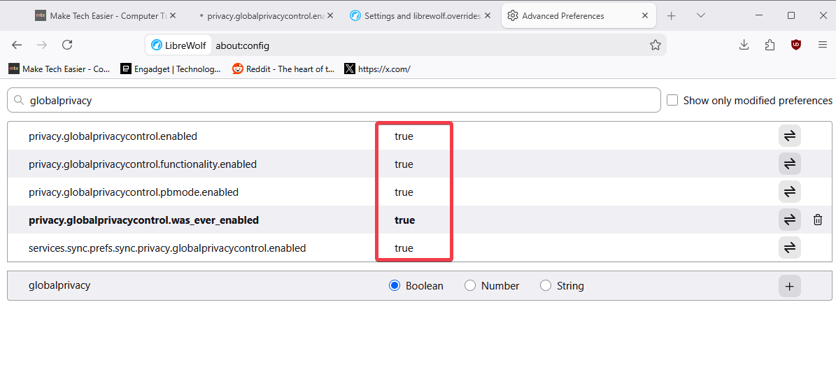 Contrôle de confidentialité global activé Librewolf