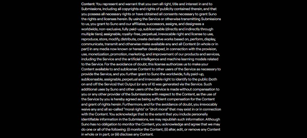 Clause de propriété du droit d'auteur Ai dans les conditions générales de Suno