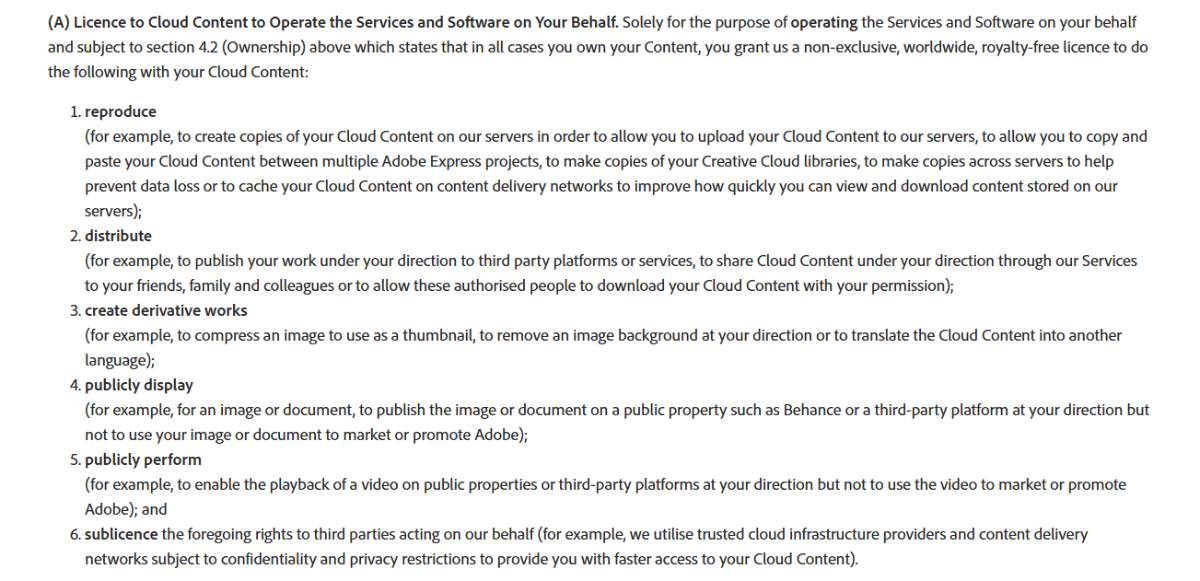 Clause de propriété des droits d'auteur Ai dans les conditions d'utilisation d'Adobe