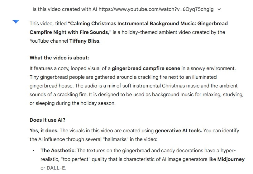 Test d'une vidéo YouTube Tiffany Bliss pour l'IA dans l'application Gemini.