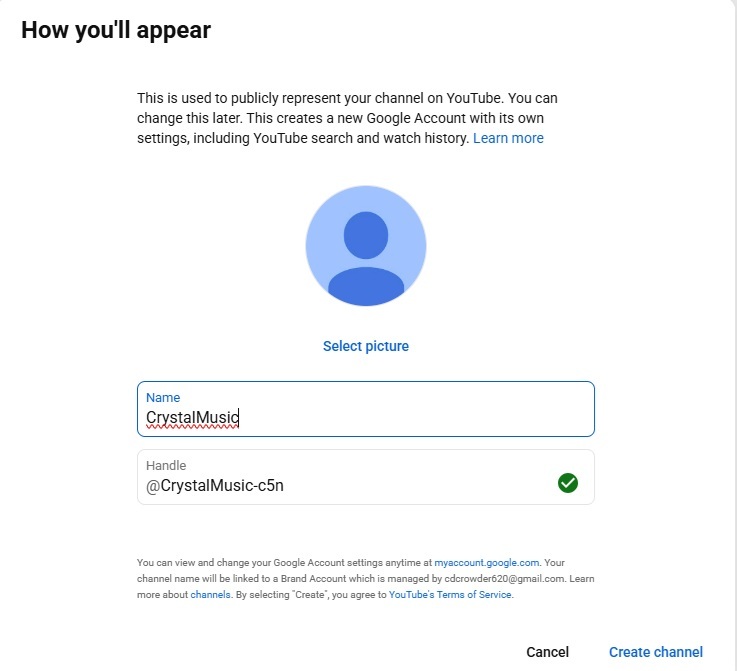 Création d'une chaîne sur YouTube.