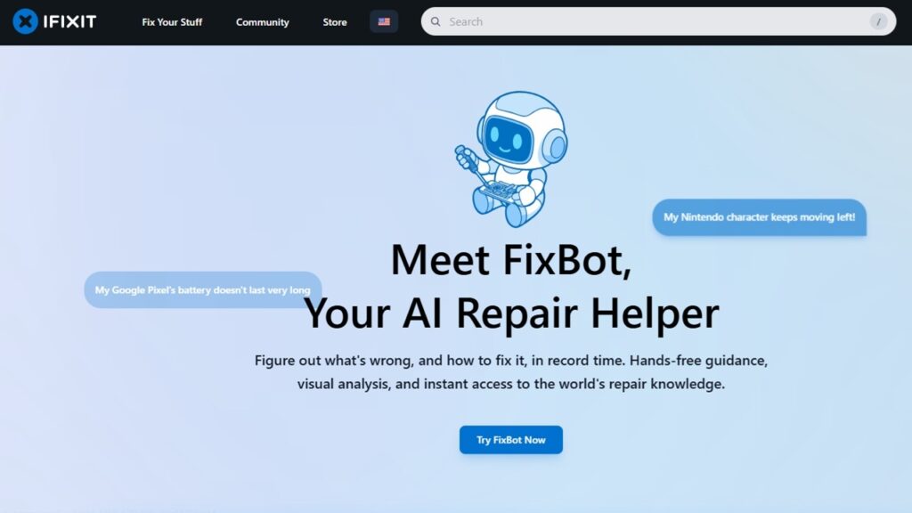 FixBot homepage with sample questions.