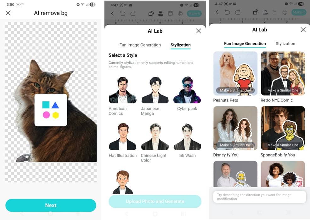 Utilisation des outils d'IA dans l'application Liene Photo.