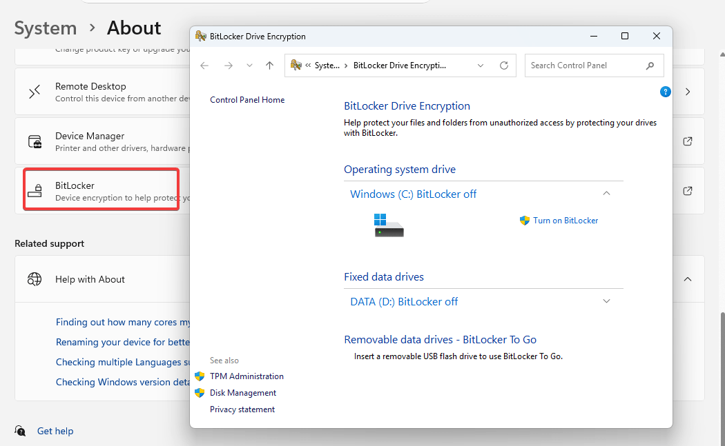Paramètres Bitlocker redirection vers le panneau de configuration