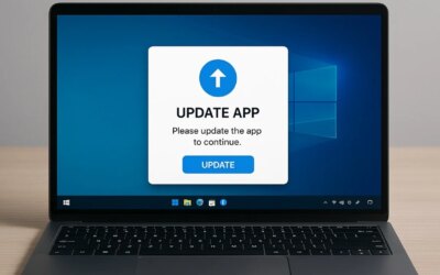 Windows laptop with a message to update an app.