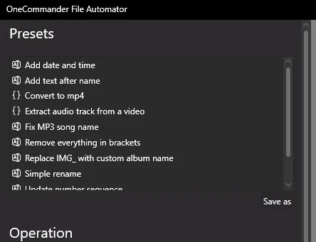 Options dans File Automator de OneCommander.