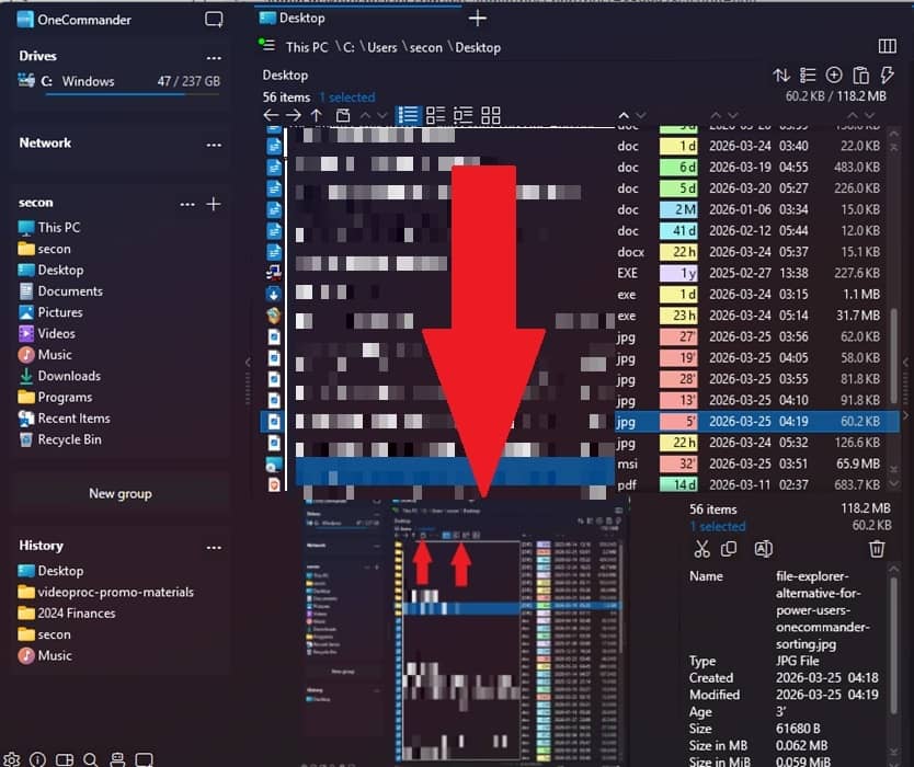 Prévisualisation d'un fichier dans l'application alternative de l'Explorateur de fichiers.