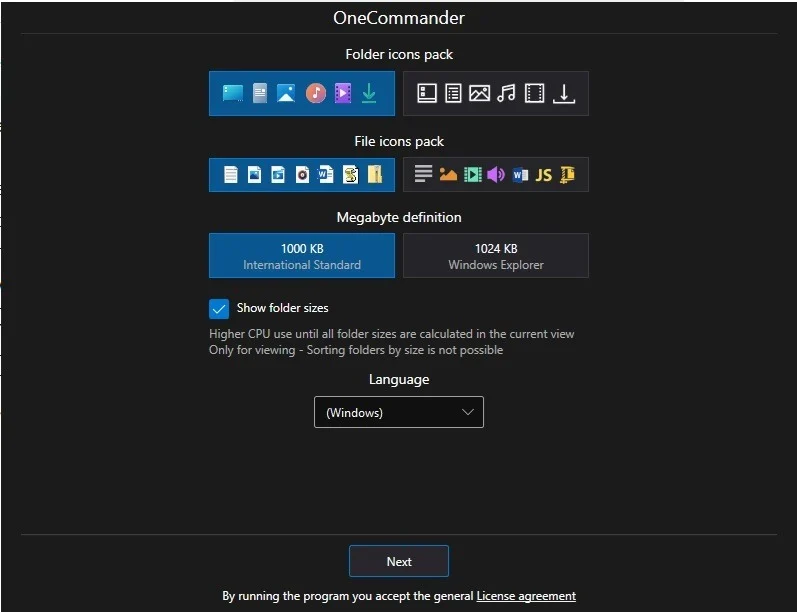 Sélection des packs d'icônes pour OneCommander.