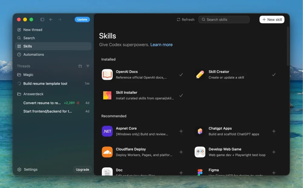 Compétences Codex dans l'application de bureau