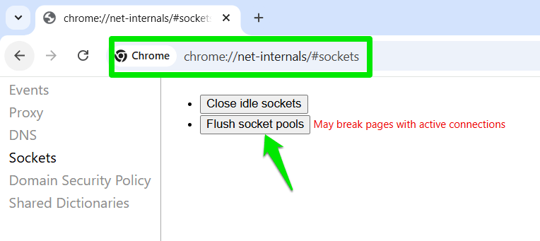 Option Flush Socket Pool dans Chrome