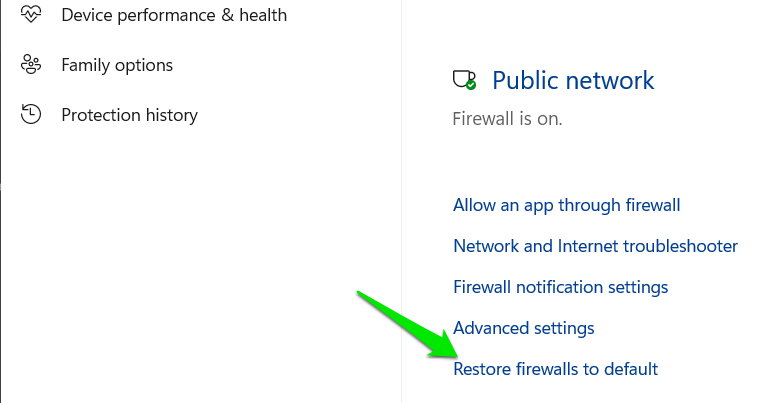 Options du pare-feu de l'application de sécurité Windows
