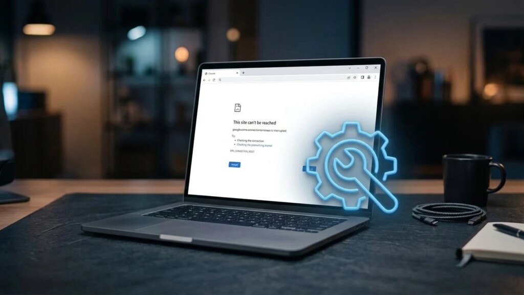 Side angle laptop on a table with Chrome error and fix it icon over the laptop