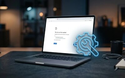 Side angle laptop on a table with Chrome error and fix it icon over the laptop